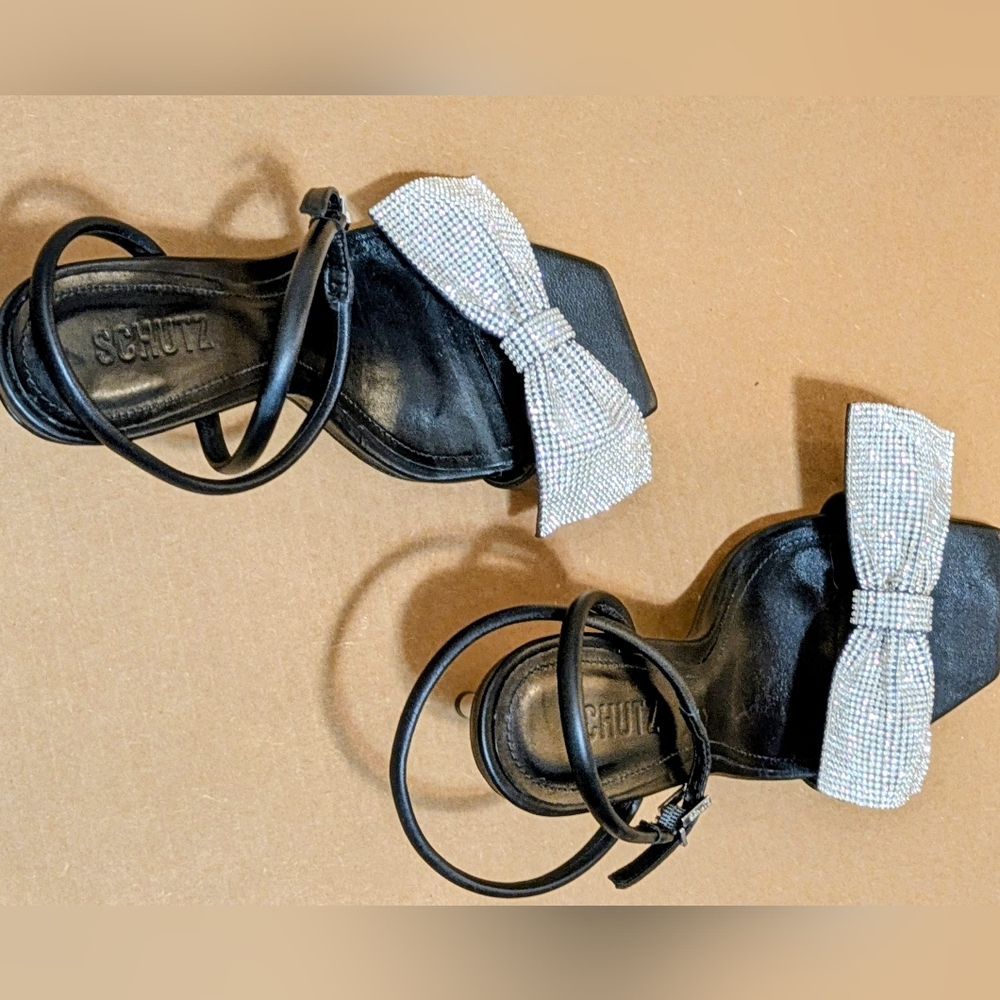 Schutz Black and Silver Heels with Glitter Bow Leather Sandals, Size 9B - Picture 9 of 12